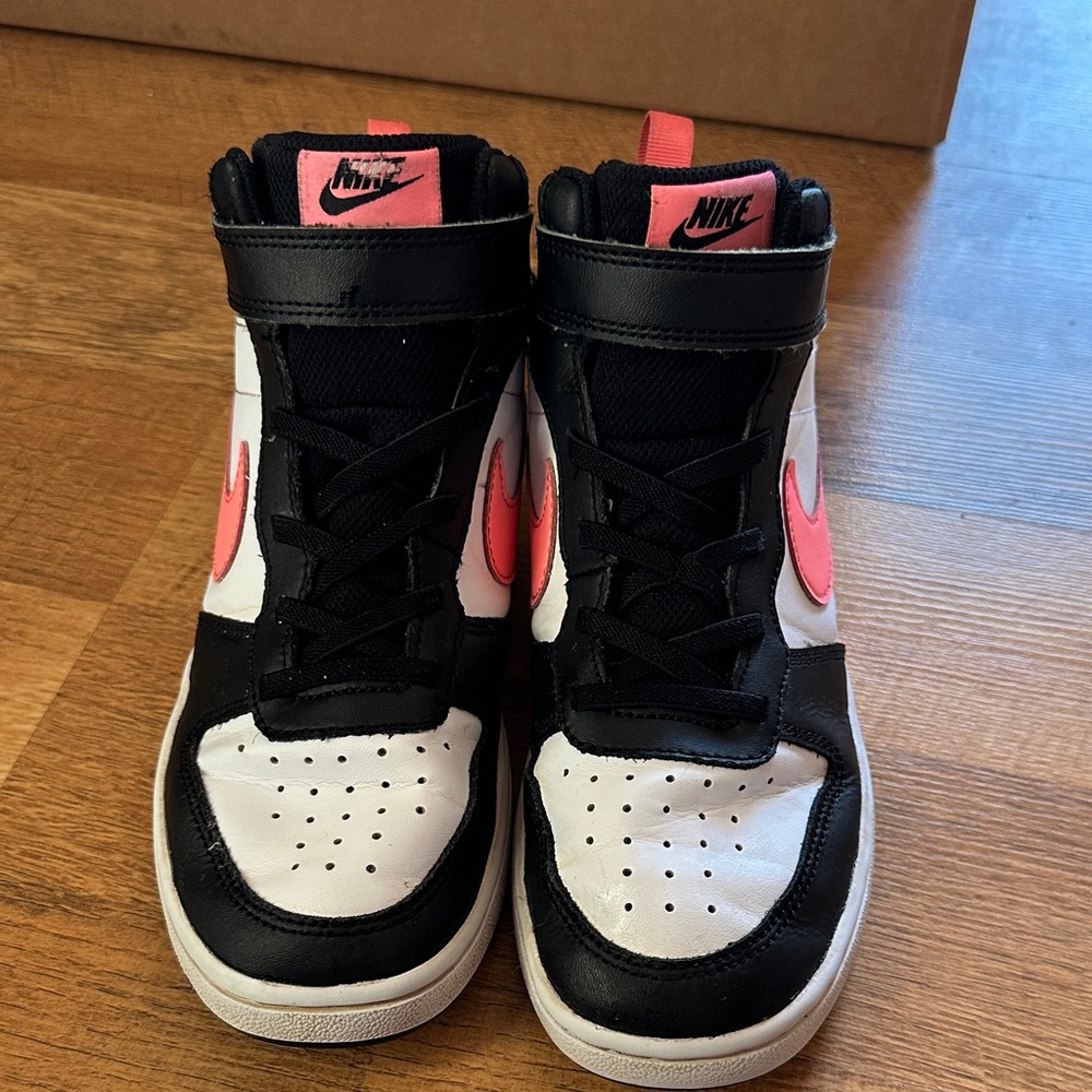 Nike Kids High-Top Sneakers in Black, White & Coral Pink